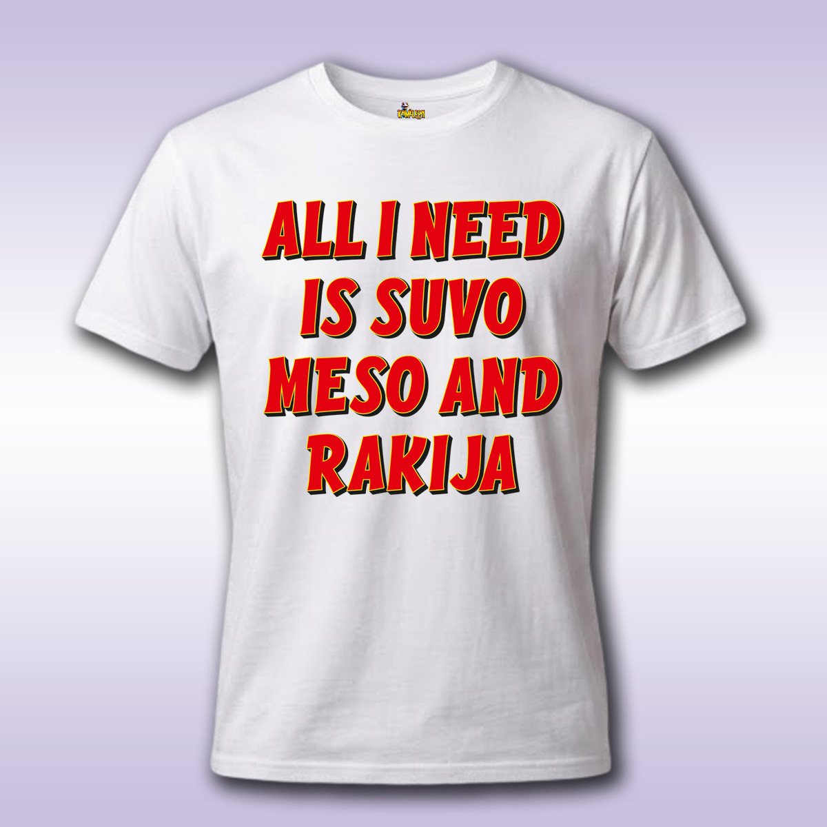 Suvo Meso and Rakija – bela majica Economy sa štampom