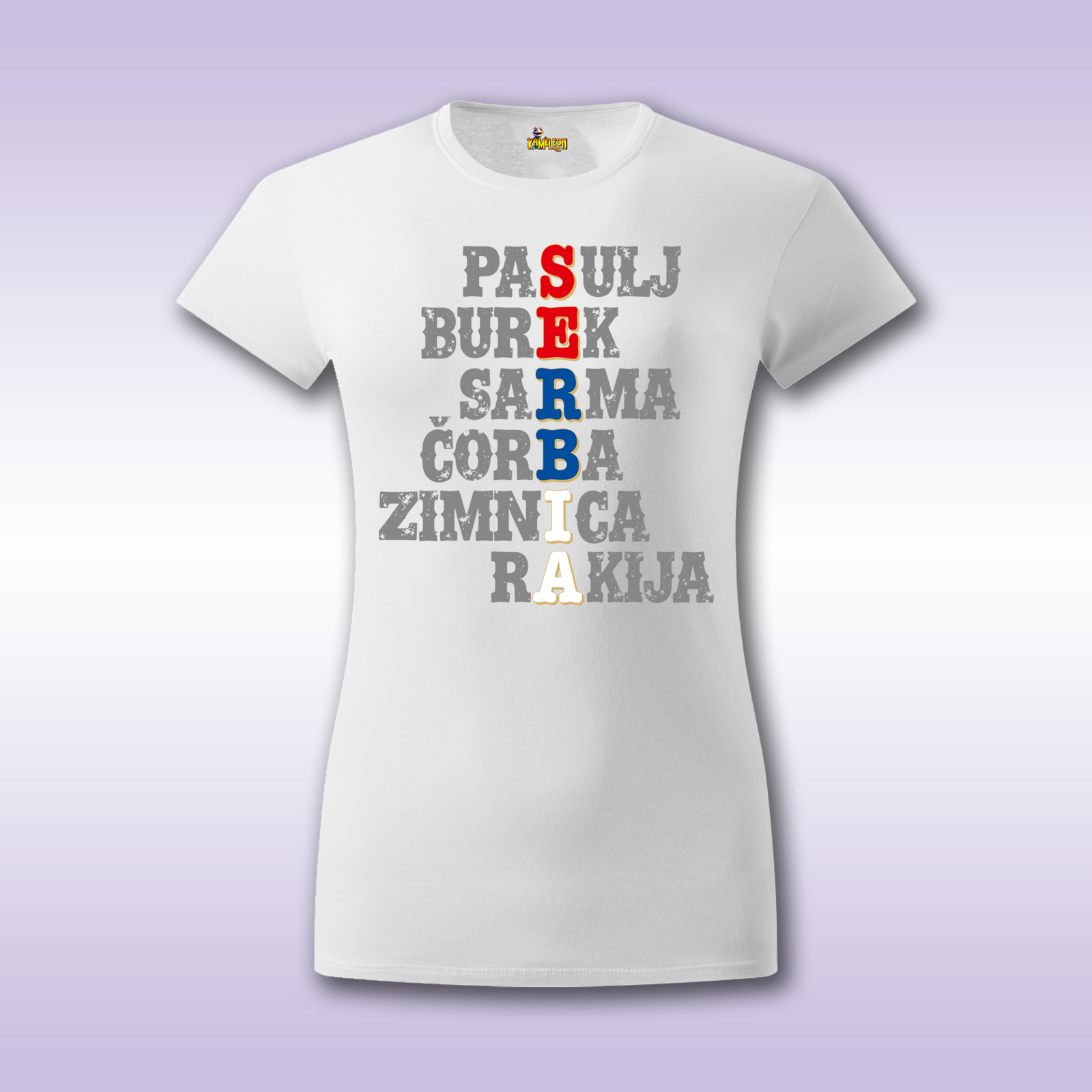 S.E.R.B.I.A. – bela ženska majica sa štampom